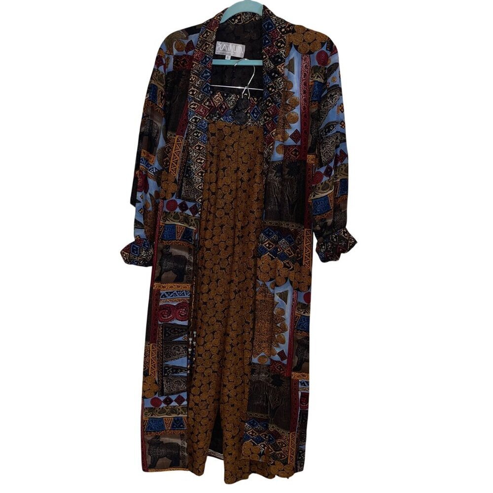 Platinum By Dorothy Schoelen Vintage Womens Duster Jacket Pant Set Size 8 Brown
